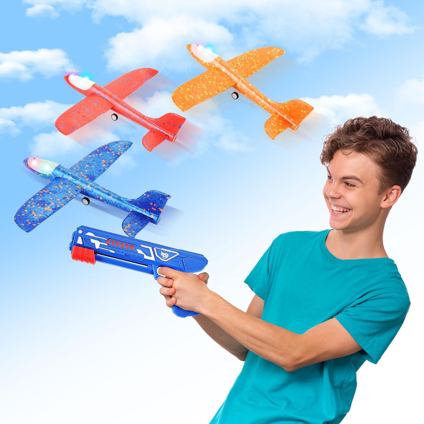 3 Pack Airplane Launcher Toys, 13.8” LED Catapult Foam Glider Plane Toy for Boys, 2 Flight Modes Outdoor Sport Flying Toys for Kids