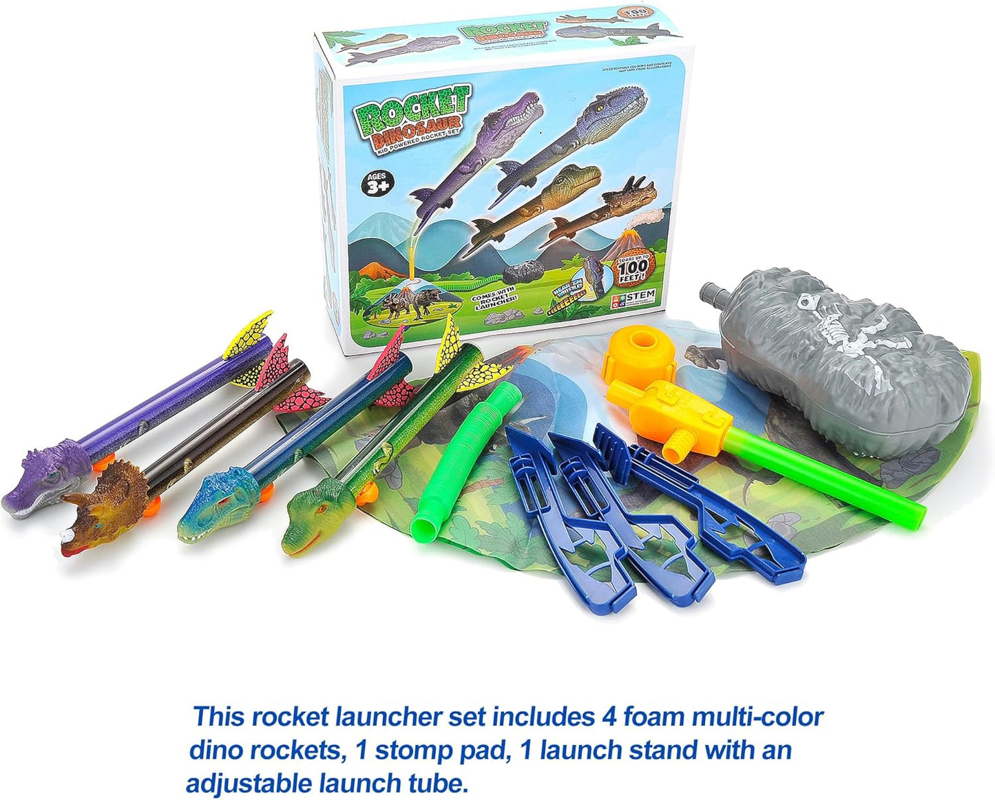 Dinosaur Toy Blasters Launchers | Launch up to 100 ft | 2 Launching Stands | 8 Dino Foam Head Colorful | Park, Backyard, Outdoor Play Toy Gifts for Kids Ages 3 4 5 6 7 8 9 10+