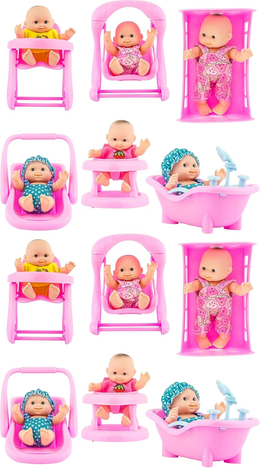 6 Set of Mini 5 Inch Baby Girl Toy Dolls Collection with High Chair, Cradle, Walker, Swing, Bathtub and Baby Seat Accessories for Girls 3-6 Years Old