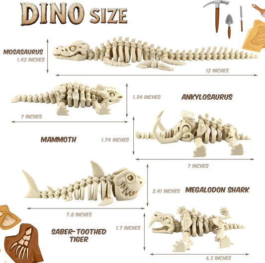 PowerTRC 5PCS 3D Printed Dinosaur Skeletons, Fidget Toys, Mosasaurus Ankylosaurus Mammoth Shark Saber Tiger Toy, 3D Printed Dragon Animals Toys, Articulated 3D Figurine Stress Relief Toy Bone White