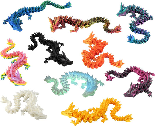 PowerTRC 10Pcs 3D Printed Crystal Dragons – Flexible 12 Inch 3D Printed Toy Dragon, Great for Gift Bags, Desk Decor, Party Favors, Perfect Basket Essentials Stuffers