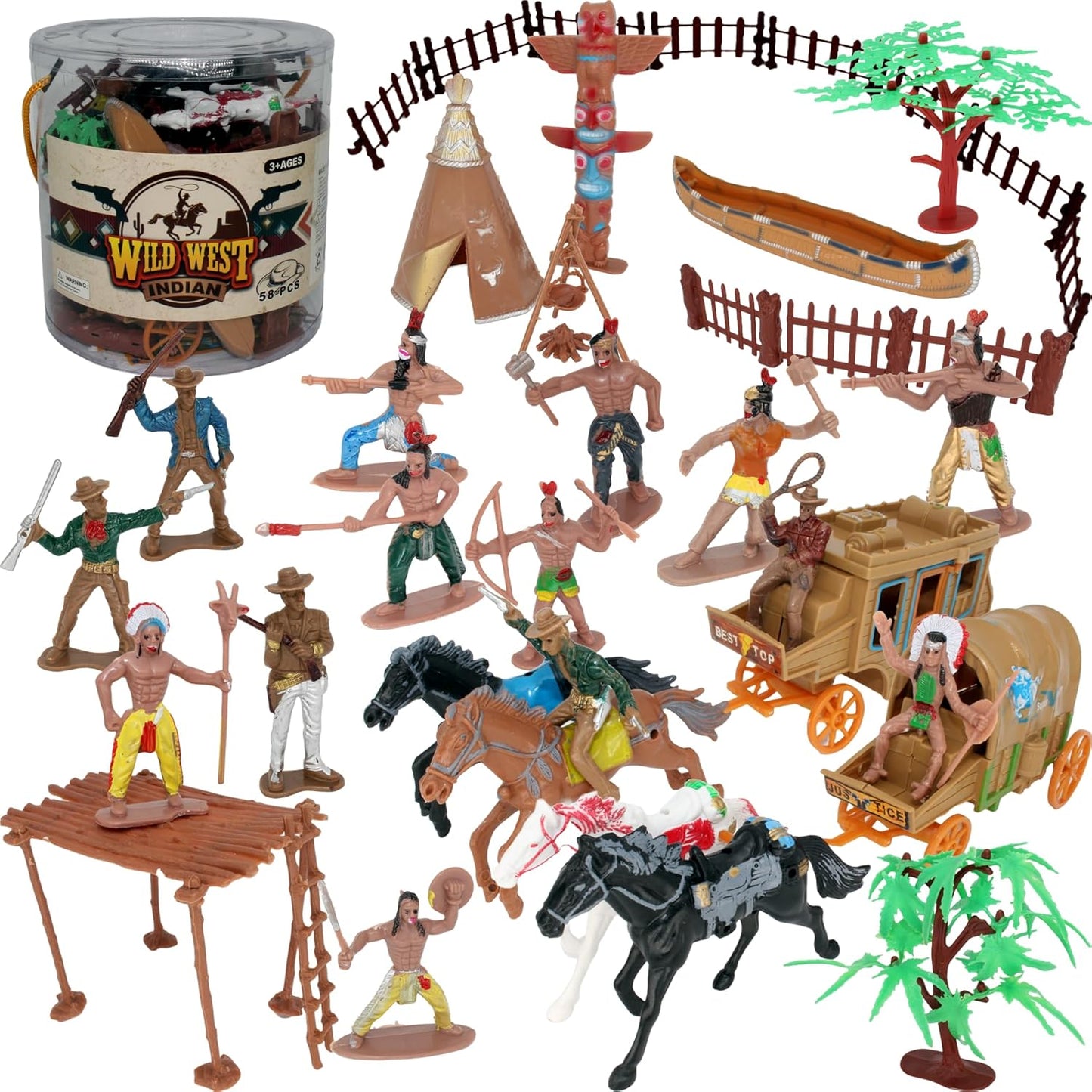 58 Pcs Wild West Cowboys and Indians Plastic Figures Toys Play Set, Toy Figure Action Soldiers and Native American Accessories Figure Playset Birthday Gift