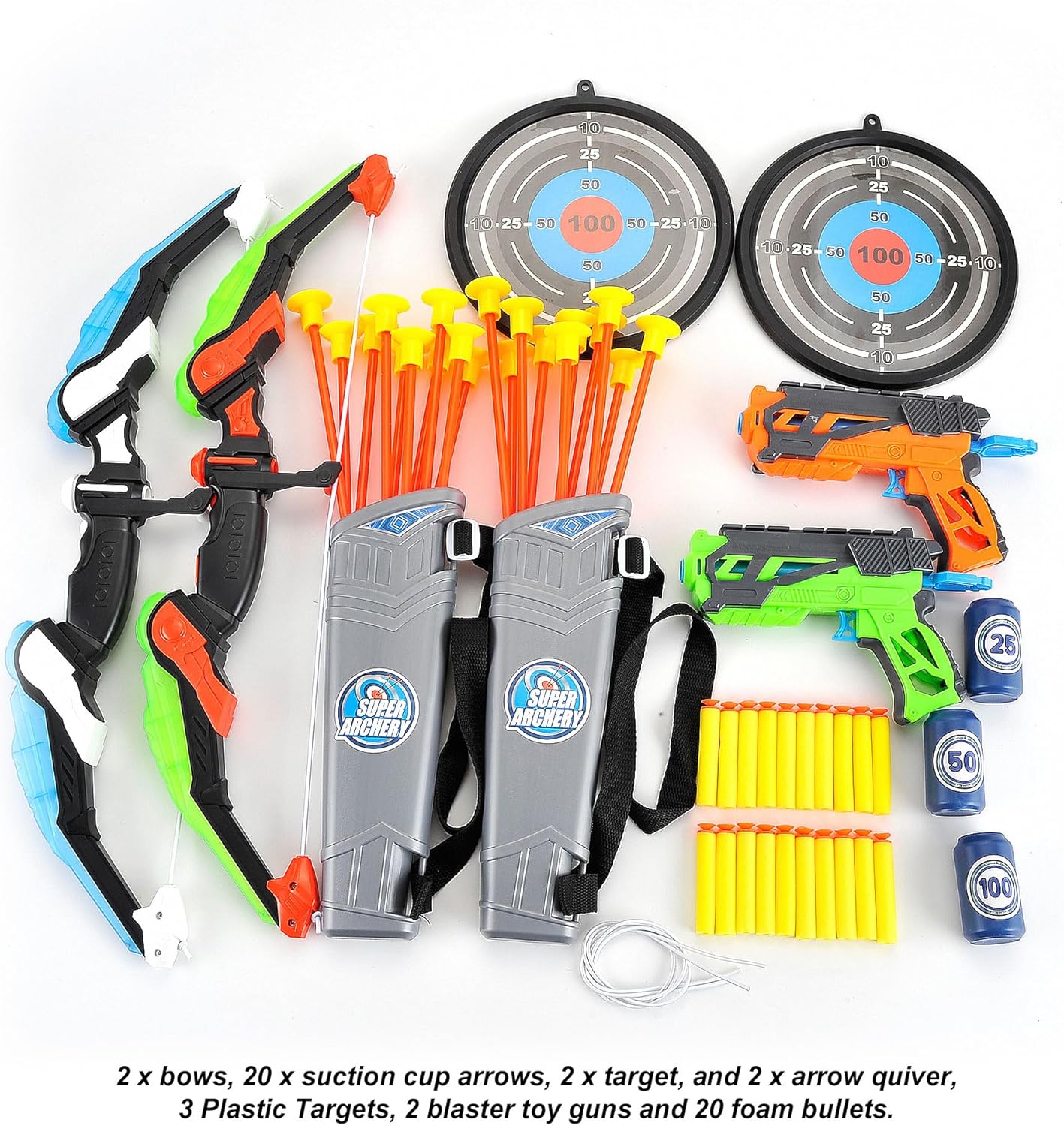 2 Pack Bow and Arrow Set for Kids 8-12, Suction Cup Bow and Arrow Game Set with Target Practice LED Light Up Kids Archery Set Outdoor Play Toys 2 Quivers 2 Blasters 20 Arrows & Darts