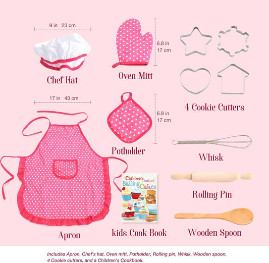 Toddler Cooking Apron for Girls, Cooking and Baking Set for Little Girls, Toddler Chef Outfit Chef Costume Kids Chef Hat and Apron 3-5 Pretend Play