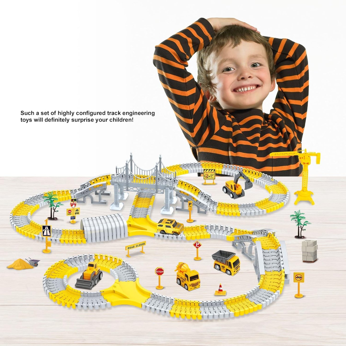 Construction Car Race Track for Kids, Construction TrucksWith Flexible Race Track Playset, Design Your Own Creative Track, 345 Piece Set, Road Engineering Gift for 3 4 5 6 7 8 Boys Girls