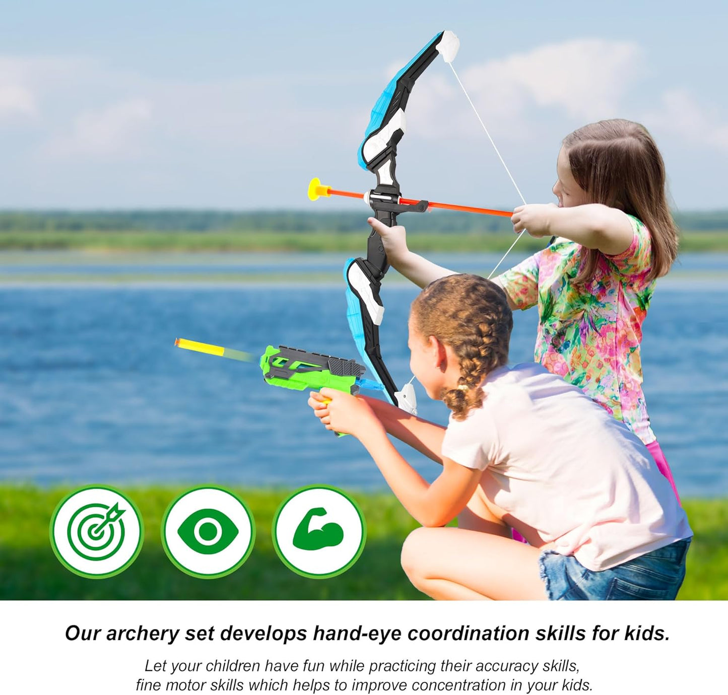 2 Pack Bow and Arrow Set for Kids 8-12, Suction Cup Bow and Arrow Game Set with Target Practice LED Light Up Kids Archery Set Outdoor Play Toys 2 Quivers 2 Blasters 20 Arrows & Darts