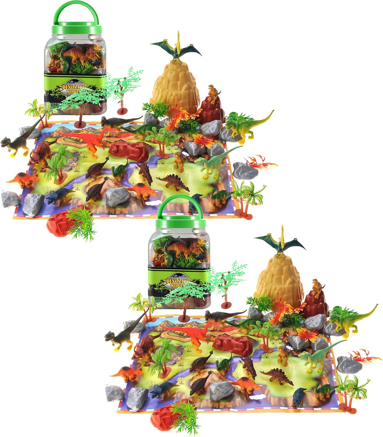 PowerTRC Jurassic Dinosaur Figures Playset with Trees, Rocks, Playmat & Container, Create a Realistic Prehistoric Dino Park, Dinosaur Toys for Kids 3-5, Gift for Boys and Girls 3 4 5 6 7