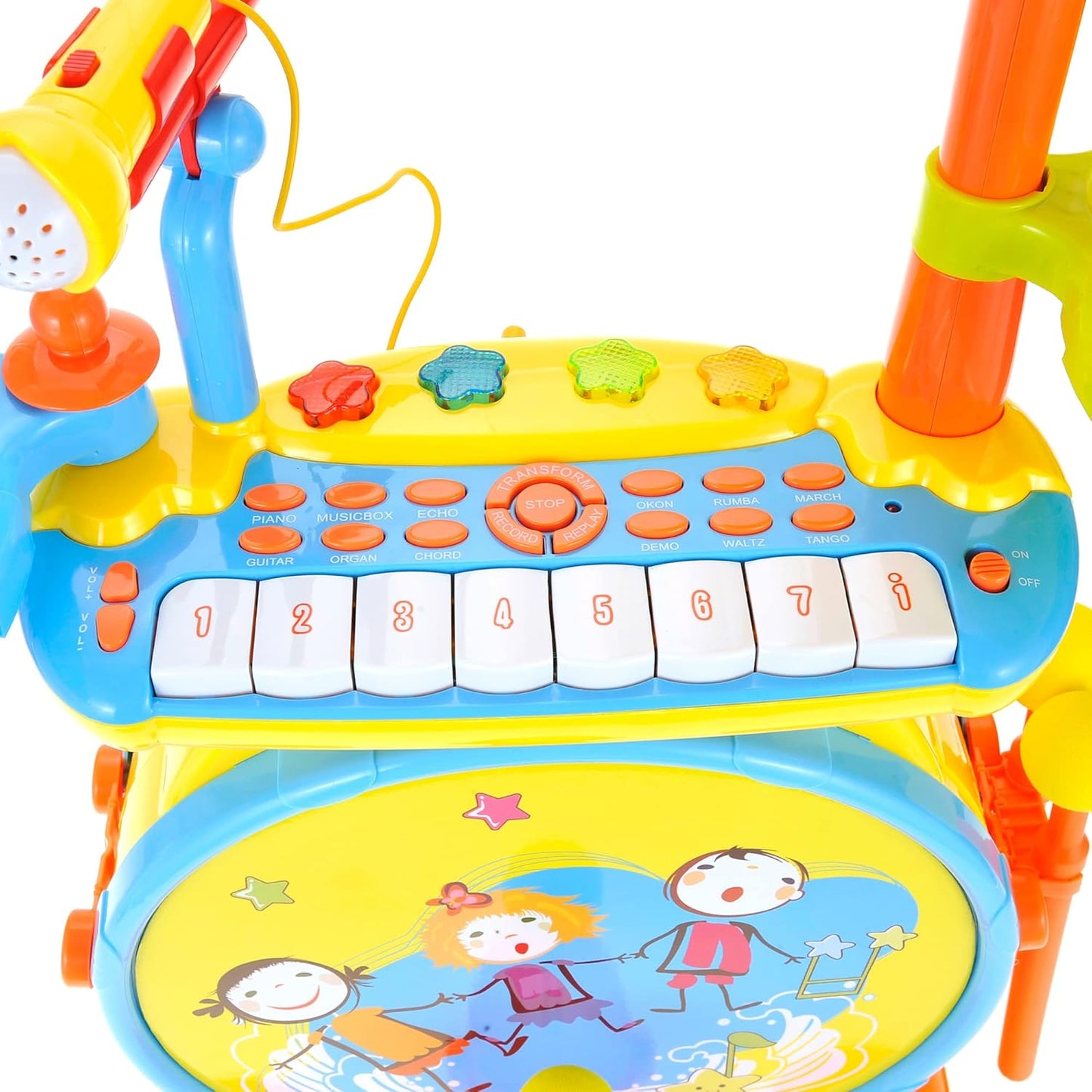 PowerTRC Deluxe 2 in 1 Keyboard and Drum Set Toy for Kids | Children's Musical Instrument Play Set Comes with Drum Set, Piano and Microphone | Colorful Lights and Sing-Along (Yellow)