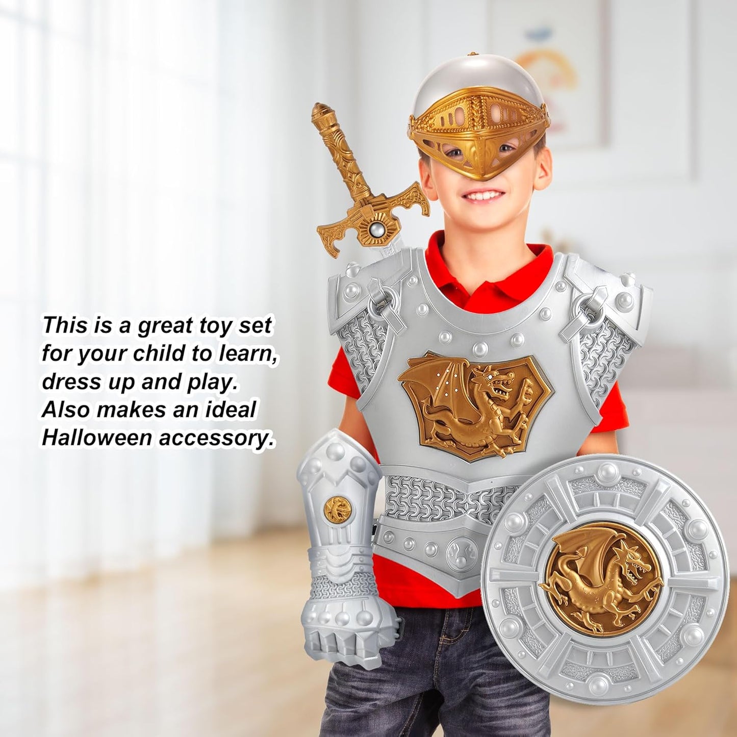 Medieval Knight in Shining Armor Toy for Kids with Helmet Swords Shields Accessories, Knight in Shining Armor Costume Pretend Role Play Cosplay School Party Halloween Dress Up