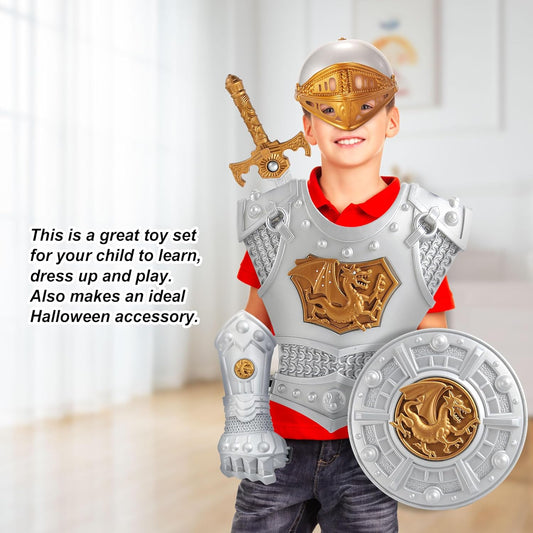 Medieval Knight in Shining Armor Toy for Kids with Helmet Swords Shields Accessories, Knight in Shining Armor Costume Pretend Role Play Cosplay School Party Halloween Dress Up