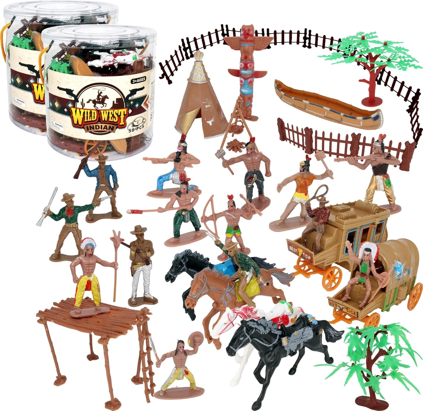 58 Pcs Wild West Cowboys and Indians Plastic Figures Toys Play Set, Toy Figure Action Soldiers and Native American Accessories Figure Playset Birthday Gift