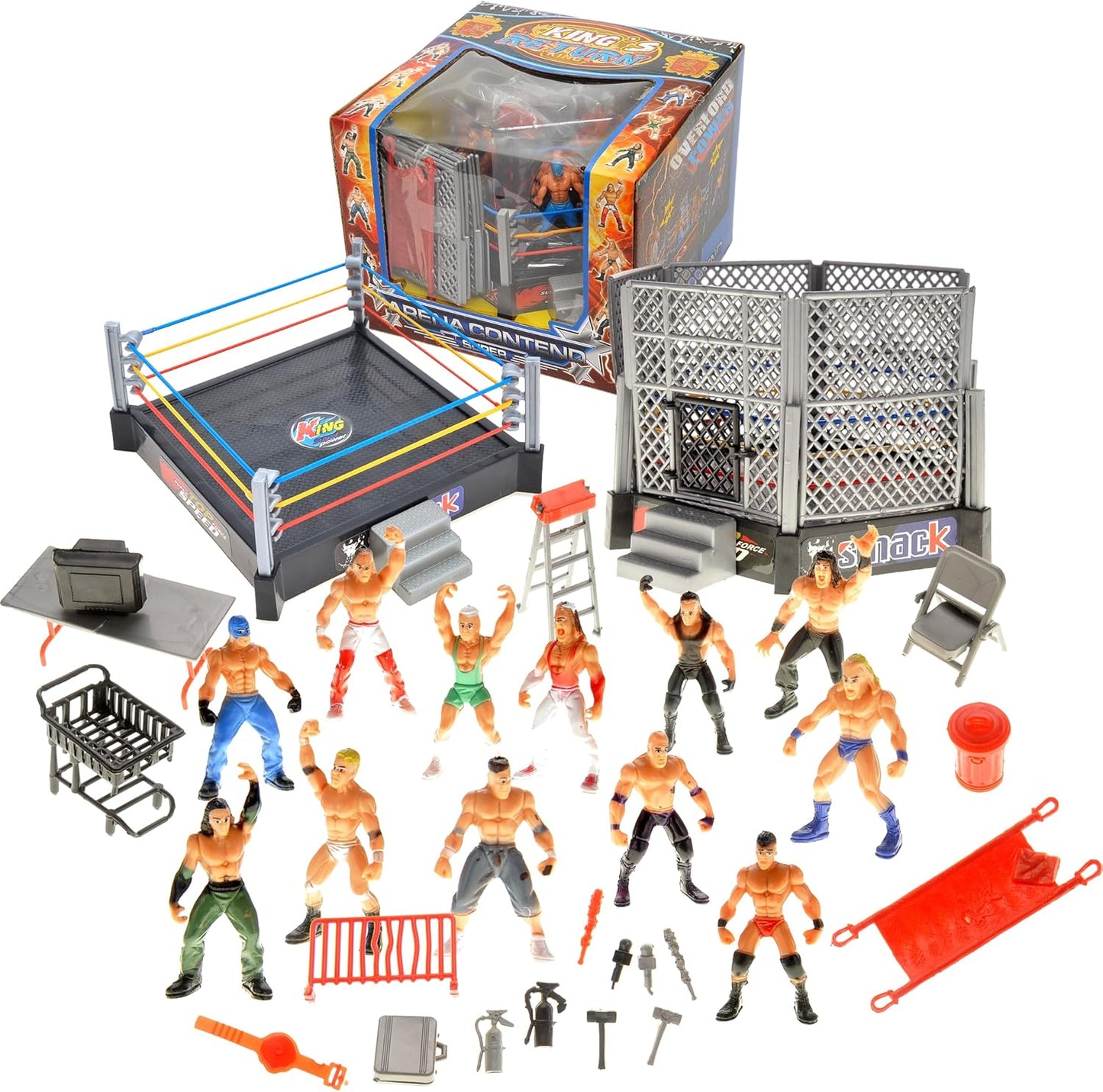 32 Pieces Wrestling Toys, Wrestler Play Set with 2 Wrestle Rings (Hexagon & Square), 12 Wrestlers, 18 Accessories, Toy Figures Cake Topper Birthday Party Decoration Gift Toy for Kids