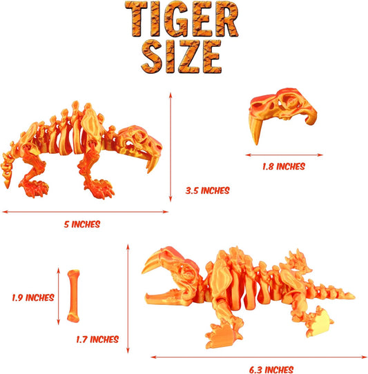 PowerTRC 3D Printed Skeleton Sabertooth Tiger – Prehistoric Collectible Articulating Mammals 3D Figurine Desk Decoration for Teens and Adults (Red Gold)