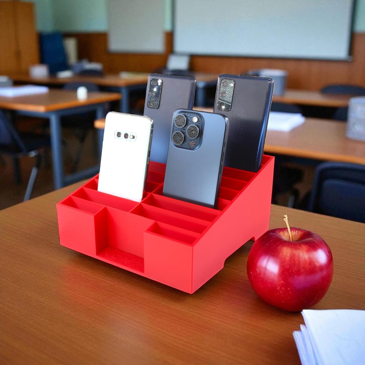 PowerTRC 16-Grid Cell Phone Holder for Classroom, Office Desktop Organizer Storage Box Mobile Phone Management – 3D Printed in USA (Red)
