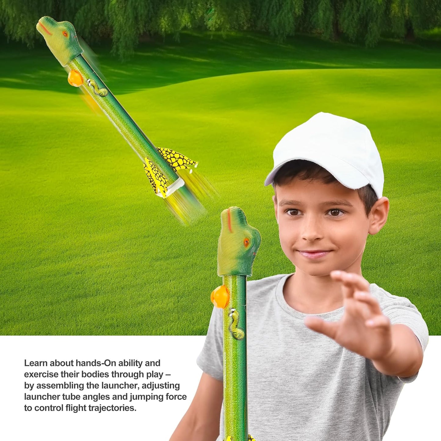 Dinosaur Toy Blasters Launchers | Launch up to 100 ft | 2 Launching Stands | 8 Dino Foam Head Colorful | Park, Backyard, Outdoor Play Toy Gifts for Kids Ages 3 4 5 6 7 8 9 10+