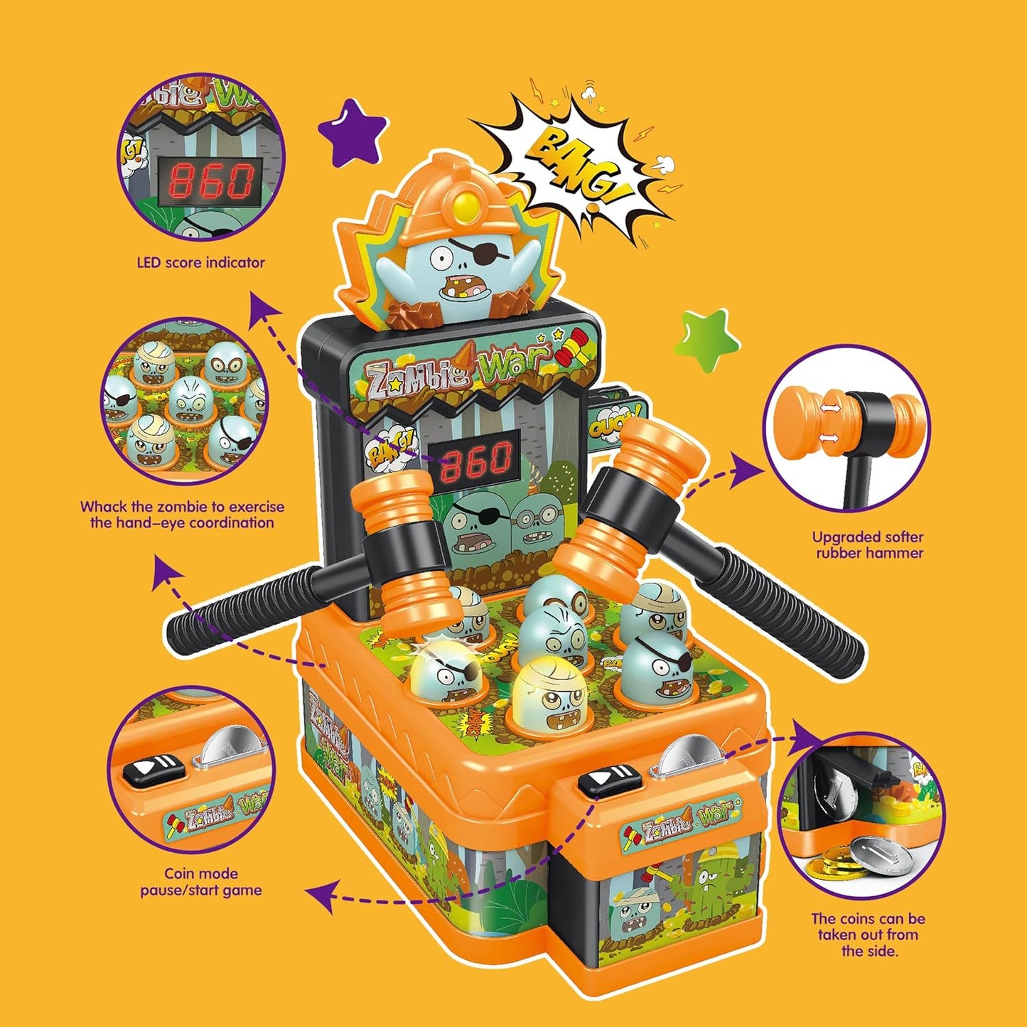 PowerTRC Arcade Pounding Mini Game for Kids | Fun Interactive Hammering and Pounding Toy | Cartoon Zombie Theme Game (2 Sets)