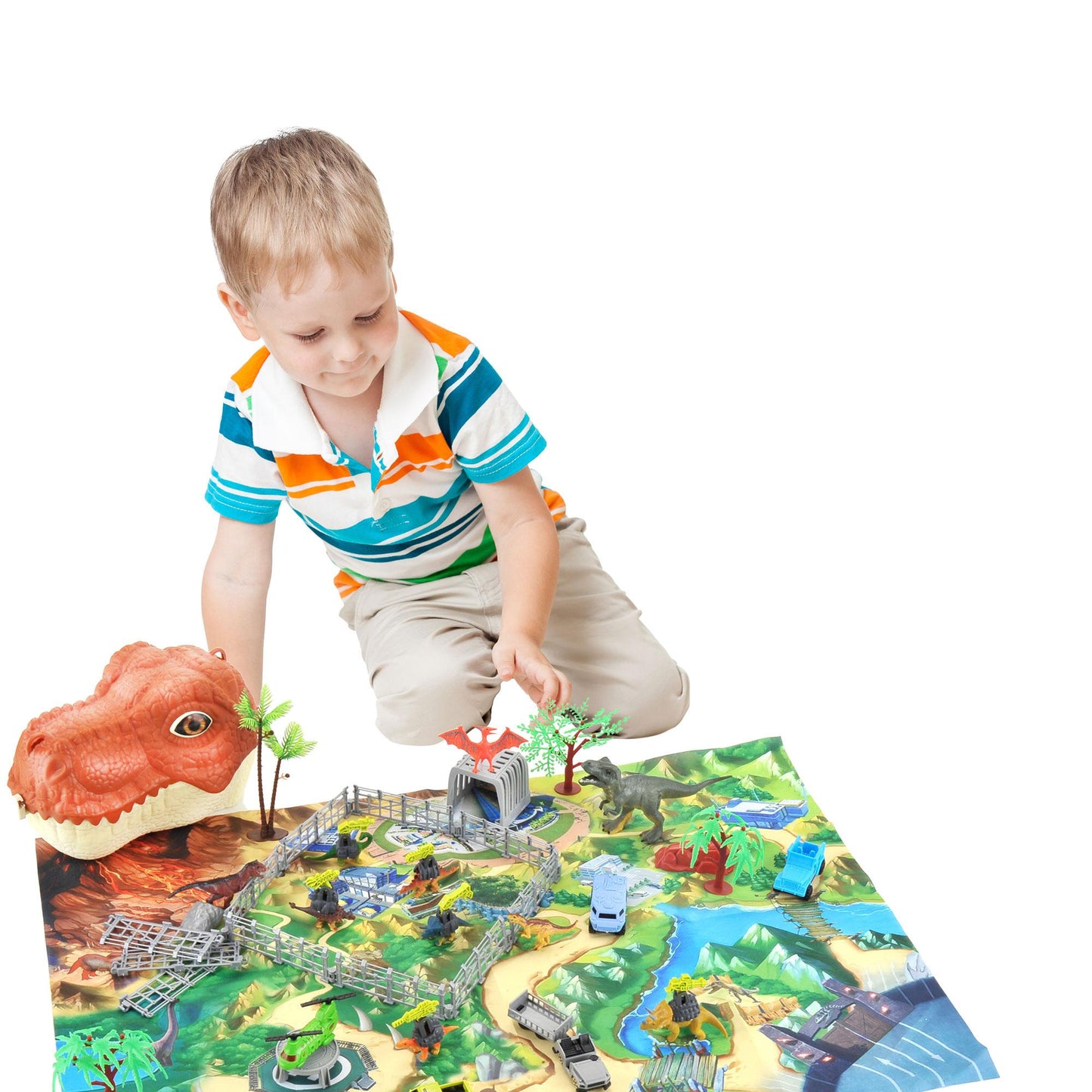 Dinosaur Toys, Military Dinosaurs Toy Figures with Weapons & Fences, 49PCS Dinosaur Toys for Kids 3-5, Army Vehicles Jurassic Dinosaur Park Toddler Dinosaur Figures w/ Storage Head & Play Mat