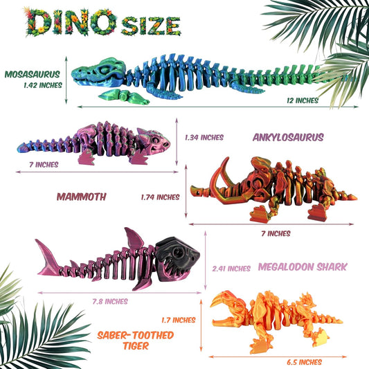 PowerTRC 5PCS 3D Printed Dinosaur Skeletons, Fidget Toys, Mosasaurus Ankylosaurus Mammoth Shark Sabertooth Tiger Fidget Toy, 3D Printed Dragon Animals Toys, Articulated 3D Figurine Stress Relief Toy