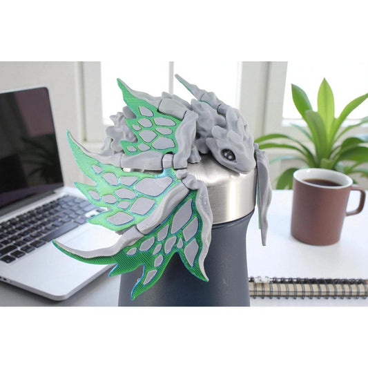 3D Printed Stone Dragon 2 Pack – Articulated Moveable Wings, Stone Texture Dragons with Green Blue and Black Red Wings, Flexible Fidget Desk Figurines for Adults, Collectible Fantasy Décor