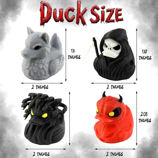PowerTRC 4Pcs 3D Printed Duck Figurines – 2 inches Mini Duck Accessory Collectibles Car Dashboard Desk Office Décor, Cruise Ducks Hiding Werewolf Devil Brim Reaper Medusa Ducking – 3D Printed in USA