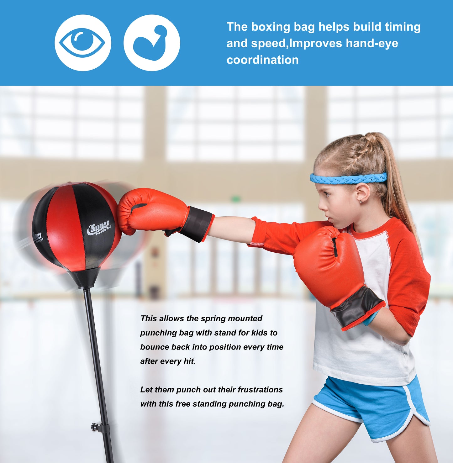 PowerTRC Punching Bag for Kids with Stand | Includes Boxing Gloves | Adjustable Height | Reflex Training Boxing Bag | Great Gift for Boys and Girls