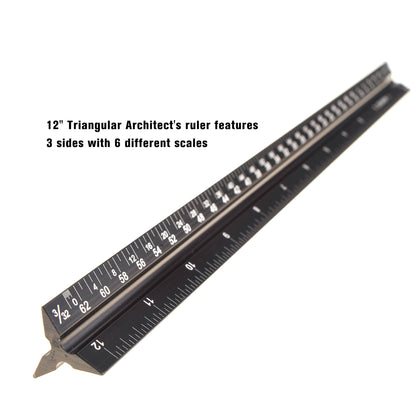 12" Architectural Scale Ruler Aluminum For Students & Engineers Black
