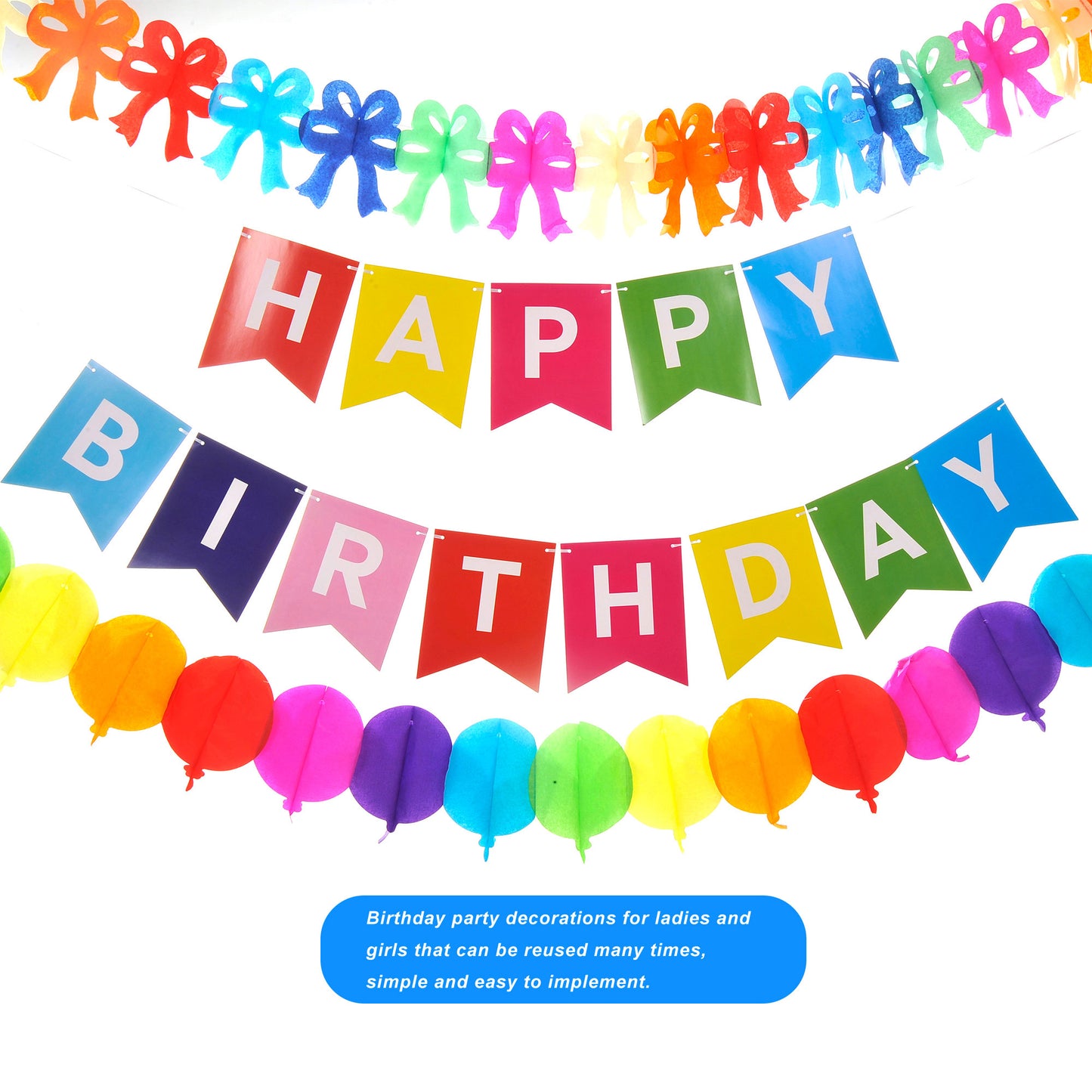 Birthday Party Paper Decorations, 15 Pieces (Rainbow Color)