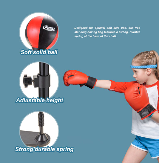 PowerTRC Punching Bag for Kids with Stand | Includes Boxing Gloves | Adjustable Height | Reflex Training Boxing Bag | Great Gift for Boys and Girls