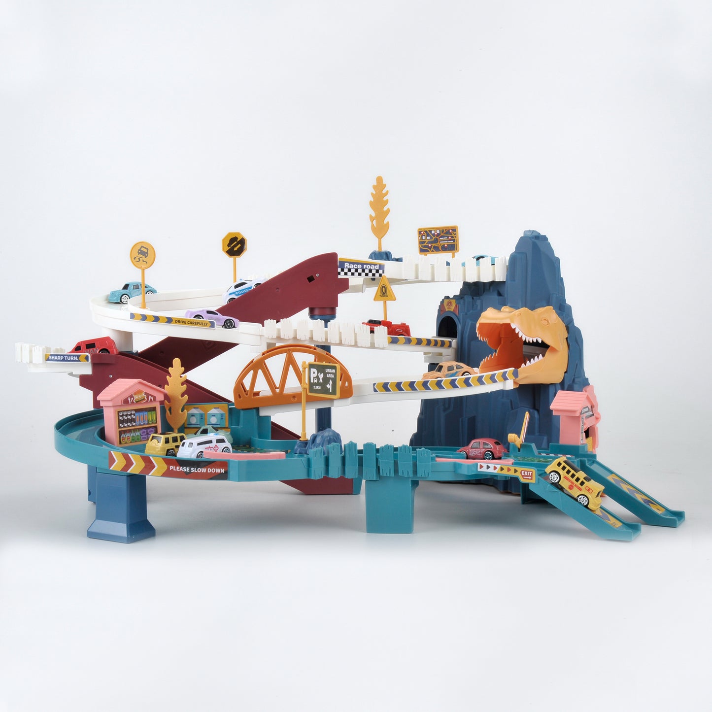 Toy Car Ramp Track Dinosaur Climbing Hills Railcar Colorful Vehicles Construction Play Set with 12 Mini Racer Cars and Track for Preschool Gifts Kids Ages 3 Years and Older (Dinosaur Hill)