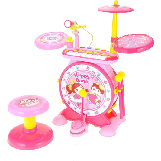 Deluxe 2 in 1 Keyboard and Drum Set Toy for Kids - Pink Colorful Lights, Includes Drum Set, Piano, and Microphone, Playful Design