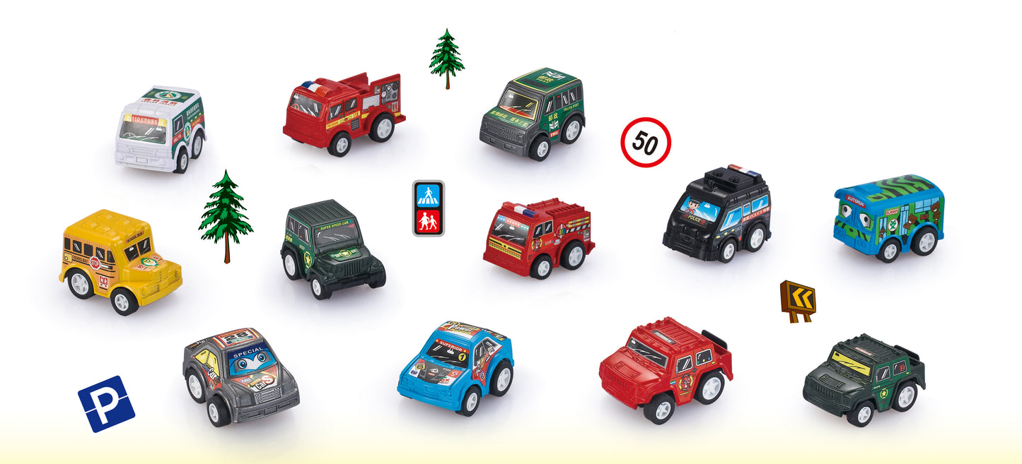 12 Piece Pull Back And Go Toy Cars With Road Signs