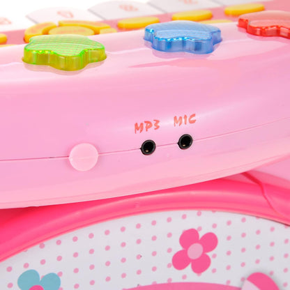 Deluxe 2 in 1 Keyboard and Drum Set Toy for Kids - Pink Colorful Lights, Includes Drum Set, Piano, and Microphone, Playful Design