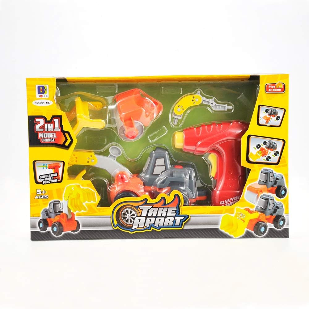 3-in-1 Take Apart Educational Toy Construction Truck with Power Tool | Change to Bulldozer, Excavator, Roller Learning Playset for Kids