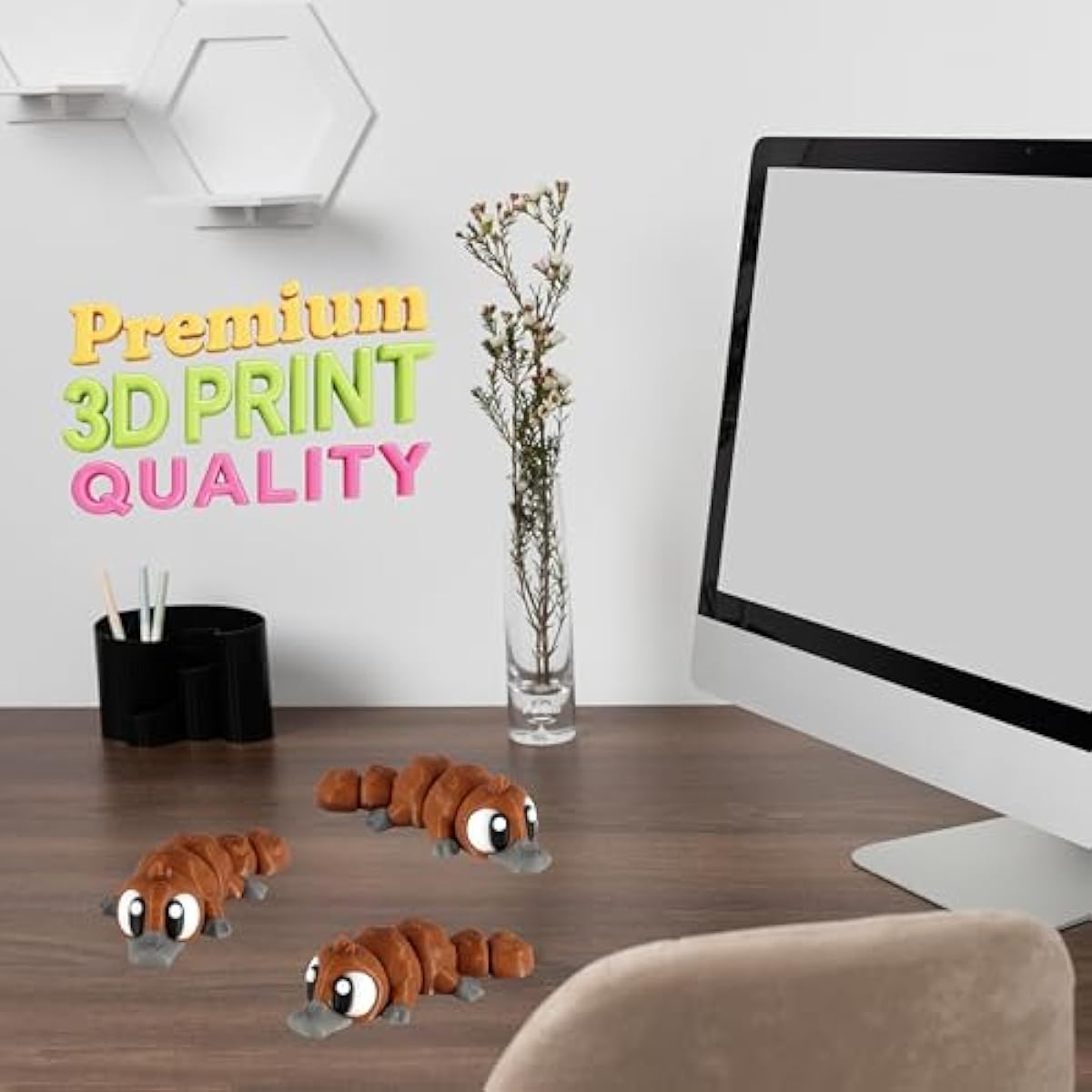 PowerTRC 3D Printed Articulated Platypus Fidget Toy 3 Pack – Flexible Cute Animal Desk Decor, Adult Fidget Collectible – 3D Printed in USA