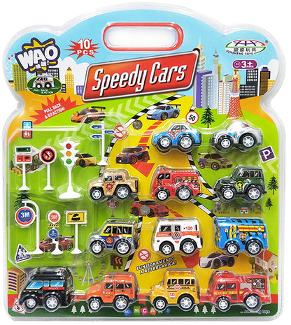 12 Piece Pull Back And Go Toy Cars With Road Signs