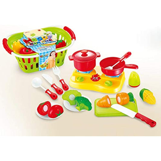 Kitchen Cutting Food Playset for Kids | Includes Vegetables, Fruits, Cooking & Eating Utensils | Comes with Portable Storage Basket
