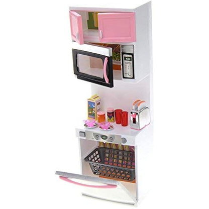 Kitchen Play Set, Mini Modern Toy Pink Kitchen Pretend Play Furnitures Toy Set Accessories Set with Realistic Light & Sound for Kids Toddlers Girls (4-in-1)