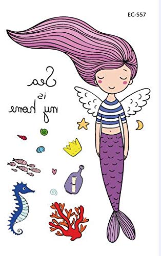 PowerTRC Temporary Tattoos Mermaid Cartoon For Kids, 12 Sheets Set, With 4 Unique Sheet Styles, Easy To Apply And Remove Fake Tattoos, Birthday Party Supplies, Ocean Theme For Boys And Girls