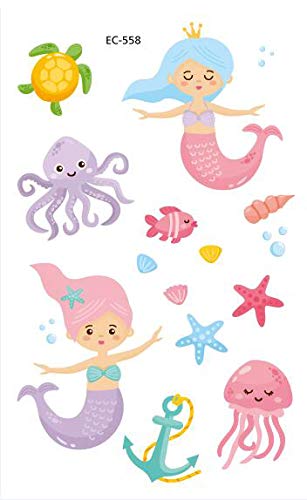 PowerTRC Temporary Tattoos Mermaid Cartoon For Kids, 12 Sheets Set, With 4 Unique Sheet Styles, Easy To Apply And Remove Fake Tattoos, Birthday Party Supplies, Ocean Theme For Boys And Girls