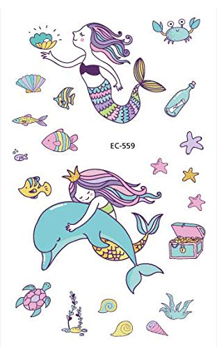 PowerTRC Temporary Tattoos Mermaid Cartoon For Kids, 12 Sheets Set, With 4 Unique Sheet Styles, Easy To Apply And Remove Fake Tattoos, Birthday Party Supplies, Ocean Theme For Boys And Girls