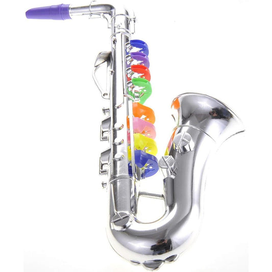 Kids Saxophone Music Toy | Wind Musical Instrument | 8 Colored Keys | Toddlers | Learning Saxophone | Metallic Silver