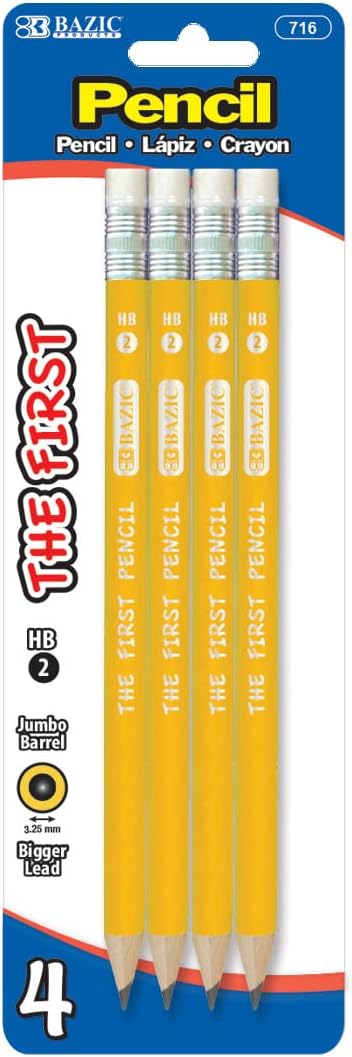 Pencil Wood Pre-Sharpened #2 HB Jumbo Pencils, Latex Free Eraser, Premium Wood Pre Sharpened Yellow Pencils for School Office (4/Pack), 1-Pack