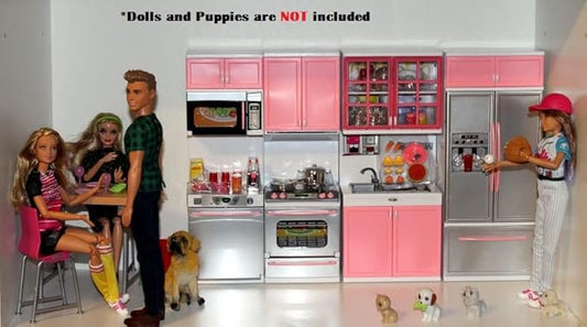 Kitchen Play Set, Mini Modern Toy Pink Kitchen Pretend Play Furnitures Toy Set Accessories Set with Realistic Light & Sound for Kids Toddlers Girls (4-in-1)