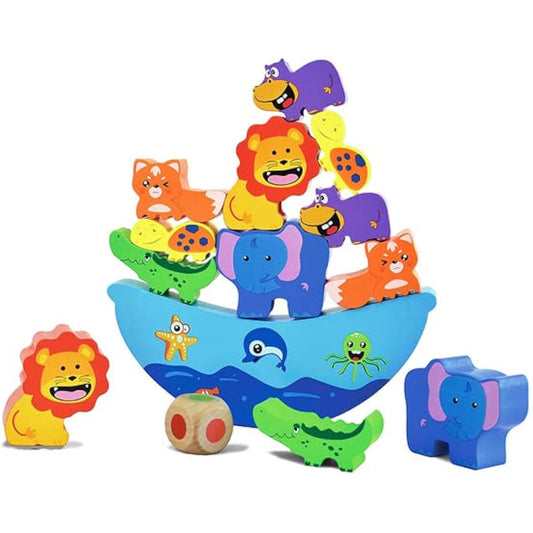 PowerTRC Cute & Colorful Wooden Animal Stacking Building Blocks for Boys & Girls with 12 Wooden Animals, 1 Dice with Color Spot & 1 Boat Blocks (14 Total Pieces)
