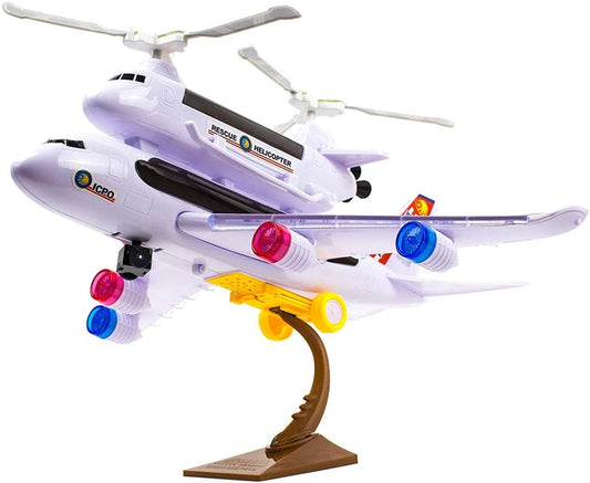 PowerTRC Bump and Go Toy Airplane for Kids with Attachable Rescue Helicopter, Has Flashing 4D Lights and Sound | Police Airplane Model | Self Driving with The Bump and Go Technology