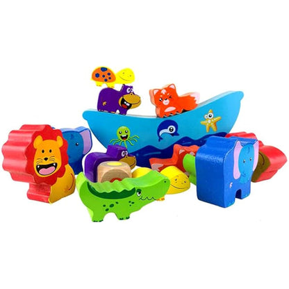 PowerTRC Cute & Colorful Wooden Animal Stacking Building Blocks for Boys & Girls with 12 Wooden Animals, 1 Dice with Color Spot & 1 Boat Blocks (14 Total Pieces)