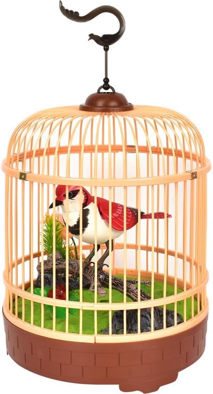 Singing & Chirping Bird in Cage, Realistic Sounds & Movements, Sound Activated, Battery Operated, Great Desk and Room Accessory, Pet Caged Bird Toy (10” x 7”)