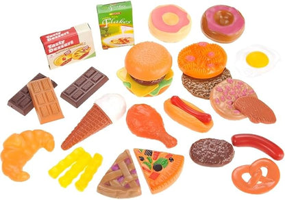 30 Pieces Deluxe Fast Food & Dessert Play Food Cooking Set| Colorful Pretend Play Kitchen Accessories | Unique Gift for Toddlers, Boys & Girls