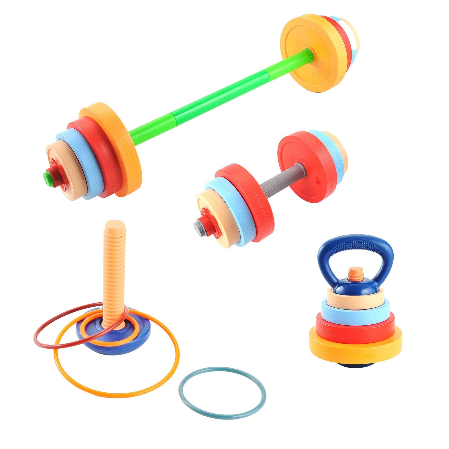 Kids Exercise Weight Set - 5-in-1 Adjustable Workout Toy Equipment for Children Pretend Play Exercise - Toddler Beginner Gym, Fitness, Weightlifting and Powerlifting