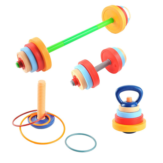 Kids Exercise Weight Set - 5-in-1 Adjustable Workout Toy Equipment for Children Pretend Play Exercise - Toddler Beginner Gym, Fitness, Weightlifting and Powerlifting